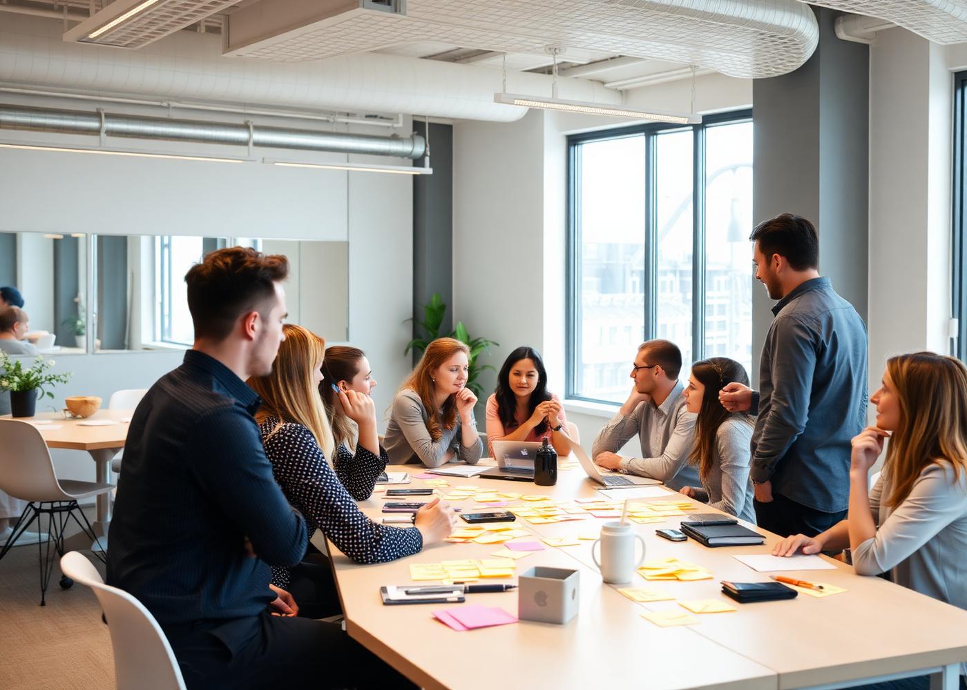 Equipe reunida ao redor de uma mesa em workshop interno com post-its e facilitador em pé